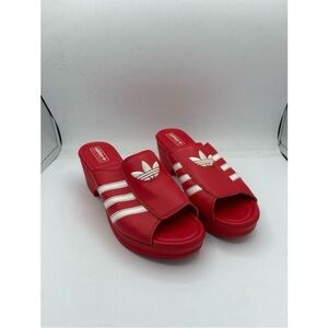 adidas Women’s Red Slide Clog Mules with White Stripes - rare